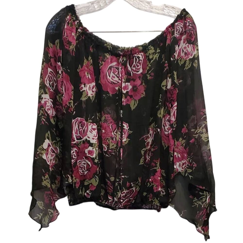 LIVING Doll Semi Sheer Flowy Blouse Black with Roses Floral Size Medium